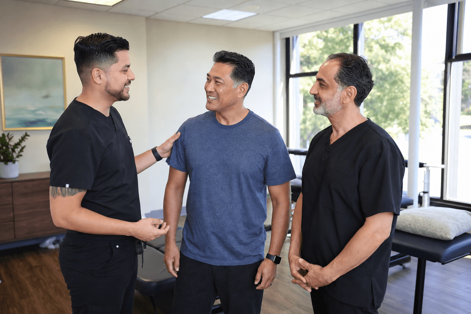 Chiropractic doctors speaking with a patient in a welcoming local clinic