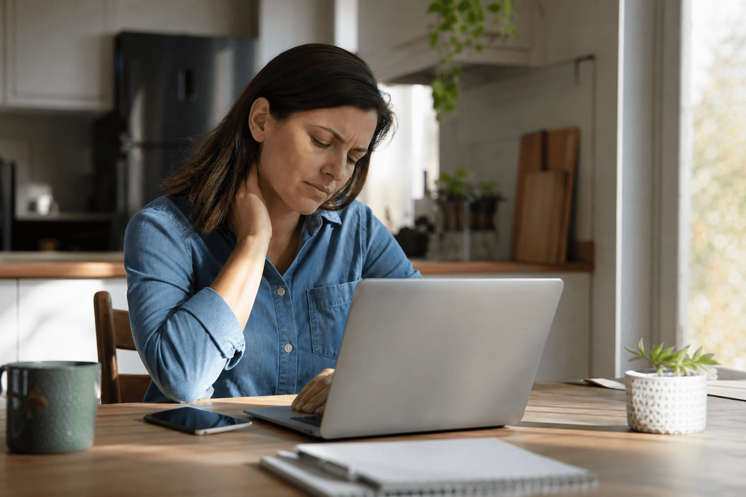 Adult at a laptop with hand at the neck, showing desk-related neck pain and headache tension