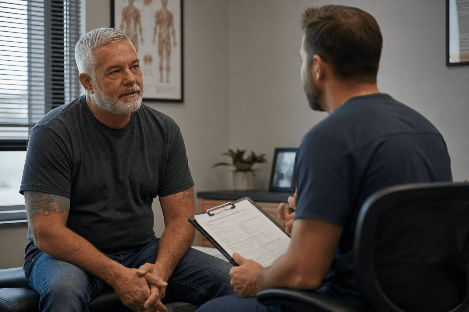 Veteran meeting one-on-one with a chiropractic doctor to discuss VA Community Care